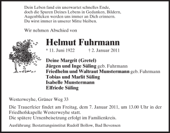 Traueranzeige von Helmut Fuhrmann, von ALLGEMEINE ZEITUNG UELZEN