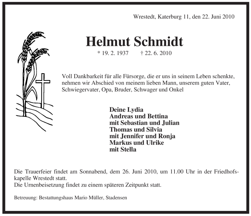  Traueranzeige für Helmut Schmidt vom 23.06.2010 aus ALLGEMEINE ZEITUNG UELZEN