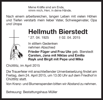 Traueranzeige von Hellmuth Bierstedt von Uelzen