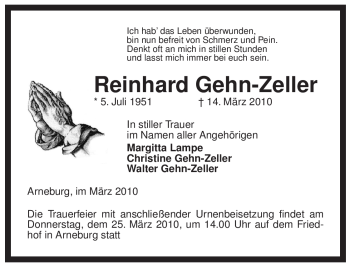 Traueranzeige von Reinhard Gehn-Zeller von ALLGEMEINE ZEITUNG UELZEN