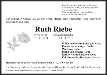 Traueranzeige von Ruth Riebe von ALLGEMEINE ZEITUNG UELZEN