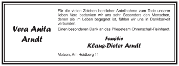 Traueranzeige von Vera Anita Arndt von ALLGEMEINE ZEITUNG UELZEN