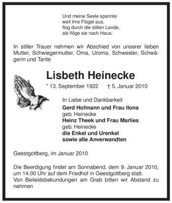 Traueranzeige von Lisbeth Heinecke von ALLGEMEINE ZEITUNG UELZEN