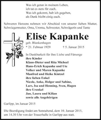 Traueranzeige von Elise Kapanke von Uelzen