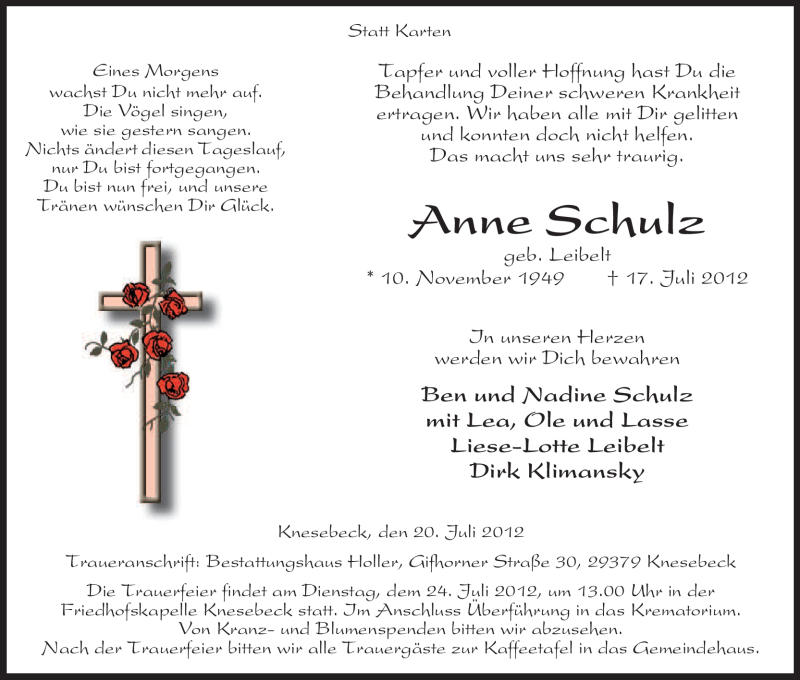  Traueranzeige für Anne Schulz vom 20.07.2012 aus ALLGEMEINE ZEITUNG UELZEN