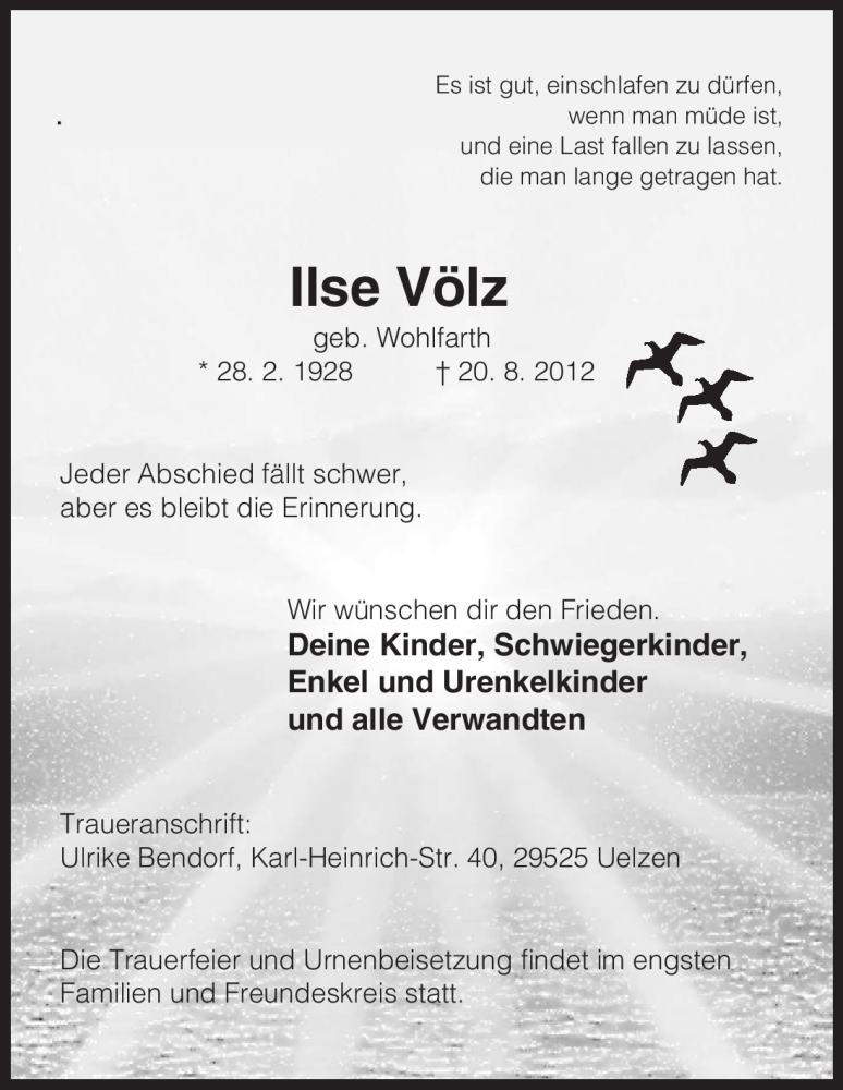  Traueranzeige für Ilse Völz vom 25.08.2012 aus ALLGEMEINE ZEITUNG UELZEN