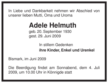 Traueranzeige von Adele Helmut von ALLGEMEINE ZEITUNG UELZEN