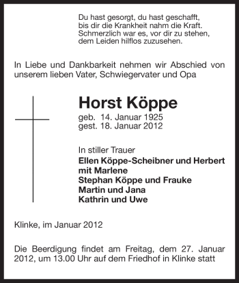 Traueranzeige von Horst Köppe von ALLGEMEINE ZEITUNG UELZEN