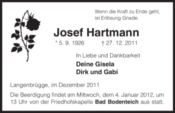 Traueranzeige von Josef Hartmann, von ALLGEMEINE ZEITUNG UELZEN