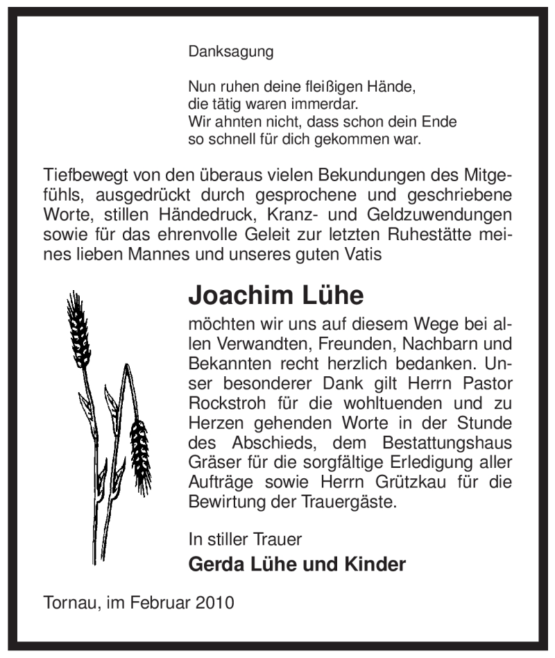  Traueranzeige für Joachim Lühe vom 26.02.2010 aus ALLGEMEINE ZEITUNG UELZEN