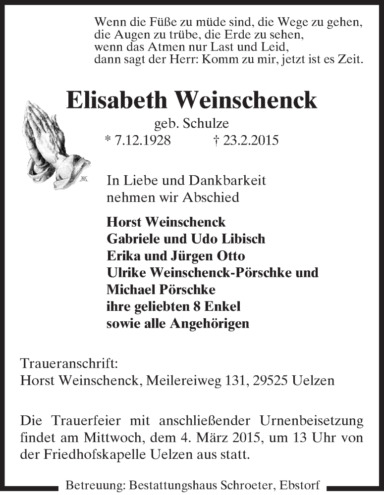 Traueranzeige für Elisabeth Weinschenck vom 25.02.2015 aus Uelzen