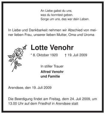 Traueranzeige von Lotte Venohr von ALLGEMEINE ZEITUNG UELZEN