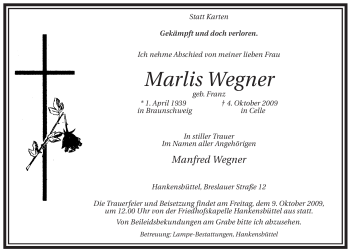 Traueranzeige von Marlis Wegner von ALLGEMEINE ZEITUNG UELZEN