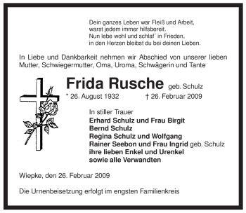 Traueranzeige von Frida Rusche von ALLGEMEINE ZEITUNG UELZEN