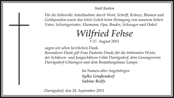 Traueranzeige von Wilfried Fehse von ALLGEMEINE ZEITUNG UELZEN