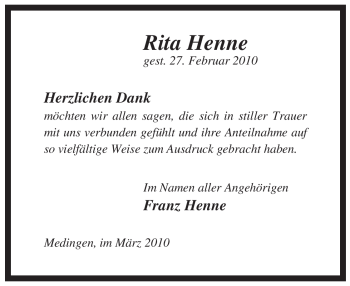 Traueranzeige von Rita Henne von ALLGEMEINE ZEITUNG UELZEN