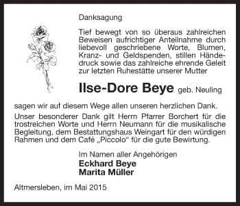 Traueranzeige von Ilse-Dore Beye von Uelzen