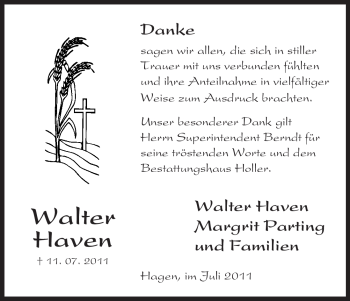 Traueranzeige von Walter Haven von ALLGEMEINE ZEITUNG UELZEN