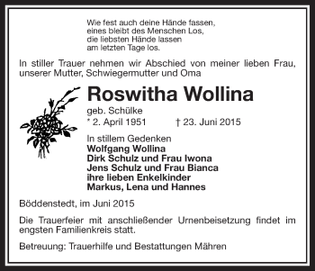 Traueranzeige von Roswitha Wollina von Uelzen