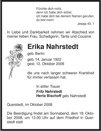 Traueranzeige von Erika Nahrstedt von ALLGEMEINE ZEITUNG UELZEN