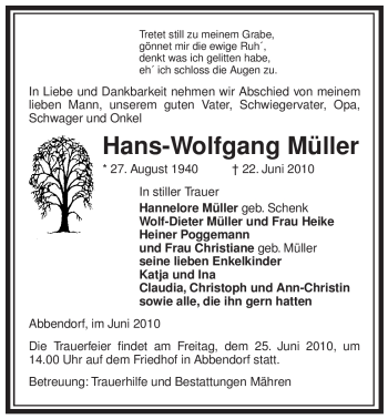 Traueranzeige von Hans-Wolfgang Müller von ALLGEMEINE ZEITUNG UELZEN