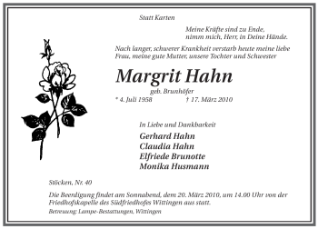 Traueranzeige von Margrit Hahn von ALLGEMEINE ZEITUNG UELZEN