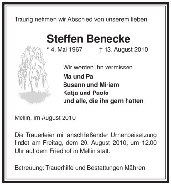 Traueranzeige von Steffen Benecke von ALLGEMEINE ZEITUNG UELZEN