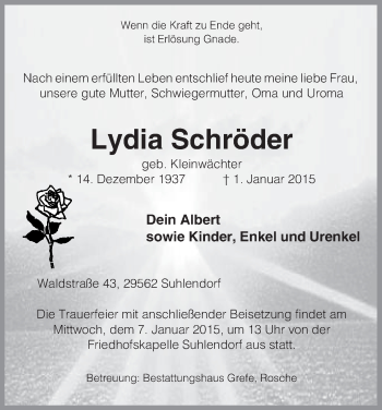 Traueranzeige von Lydia Schröder von Uelzen