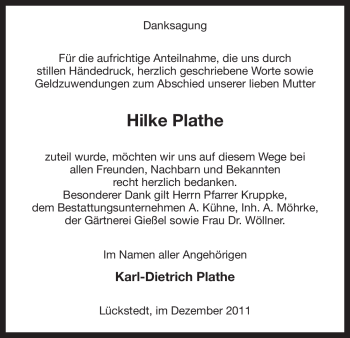 Traueranzeige von Hilke Plathe von ALLGEMEINE ZEITUNG UELZEN