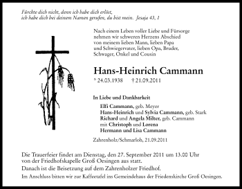 Traueranzeige von Hans-Heinrich Cammann von ALLGEMEINE ZEITUNG UELZEN