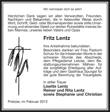 Traueranzeige von Fritz Lentz von ALLGEMEINE ZEITUNG UELZEN