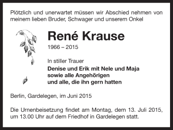 Traueranzeige von René Krause von Uelzen