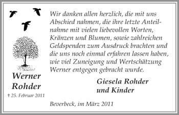 Traueranzeige von Werner Rohder von ALLGEMEINE ZEITUNG UELZEN