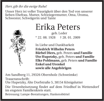 Traueranzeige von Erika Peters von ALLGEMEINE ZEITUNG UELZEN