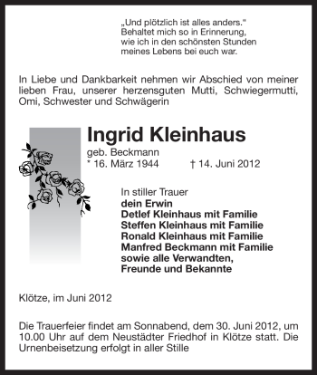 Traueranzeige von Ingrid Kleinhaus von ALLGEMEINE ZEITUNG UELZEN