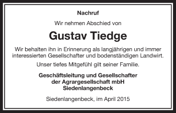 Traueranzeige von Gustav Tiedge von Uelzen