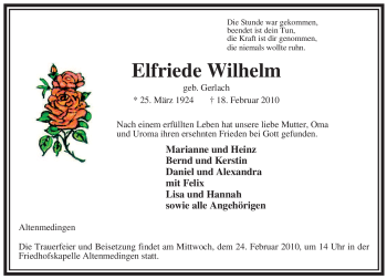 Traueranzeige von Elfriede Wilhelm von ALLGEMEINE ZEITUNG UELZEN