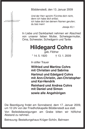 Traueranzeige von Hildegard Cohrs von ALLGEMEINE ZEITUNG UELZEN