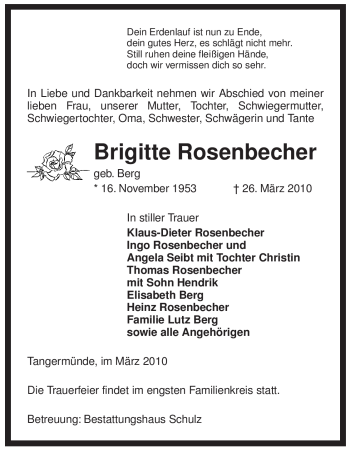 Traueranzeige von Brigitte Rosenbecher von ALLGEMEINE ZEITUNG UELZEN