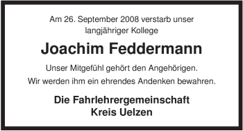 Traueranzeige von Joachim Feddermann von ALLGEMEINE ZEITUNG UELZEN