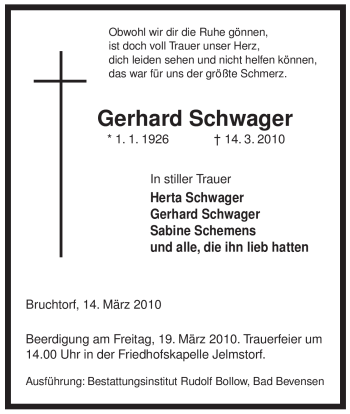 Traueranzeige von Gerhard Schwager von ALLGEMEINE ZEITUNG UELZEN