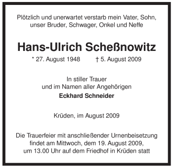 Traueranzeige von Hans-Ulrich Scheßnowitz von ALLGEMEINE ZEITUNG UELZEN