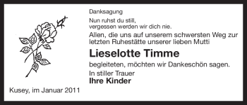 Traueranzeige von Lieselotte Timme von ALLGEMEINE ZEITUNG UELZEN