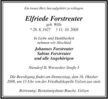 Traueranzeige von Elfriede Forstreuter von ALLGEMEINE ZEITUNG UELZEN