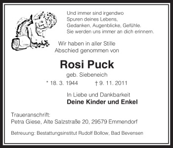 Traueranzeige von Rosi Puck von ALLGEMEINE ZEITUNG UELZEN