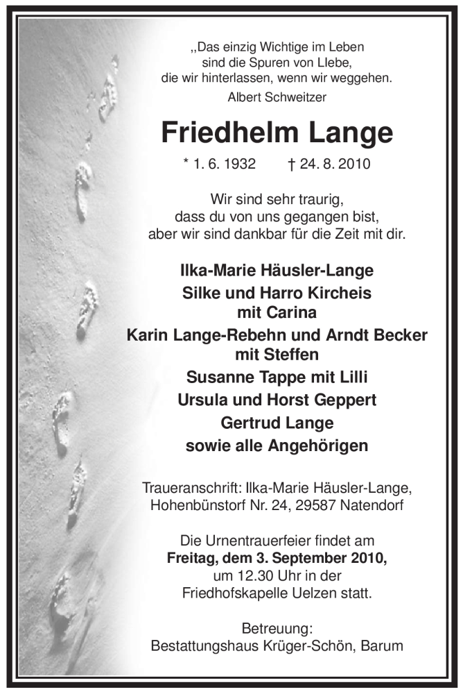  Traueranzeige für Friedhelm Lange vom 26.08.2010 aus ALLGEMEINE ZEITUNG UELZEN