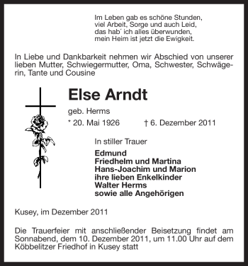 Traueranzeige von Else Arndt von ALLGEMEINE ZEITUNG UELZEN