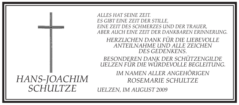  Traueranzeige für Hans-Joachim Schultze vom 01.08.2009 aus ALLGEMEINE ZEITUNG UELZEN