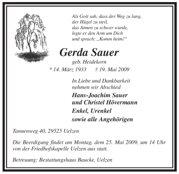 Traueranzeige von Gerda Sauer von ALLGEMEINE ZEITUNG UELZEN