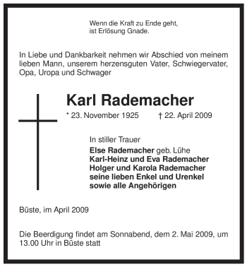 Traueranzeige von Karl Rademacher von ALLGEMEINE ZEITUNG UELZEN
